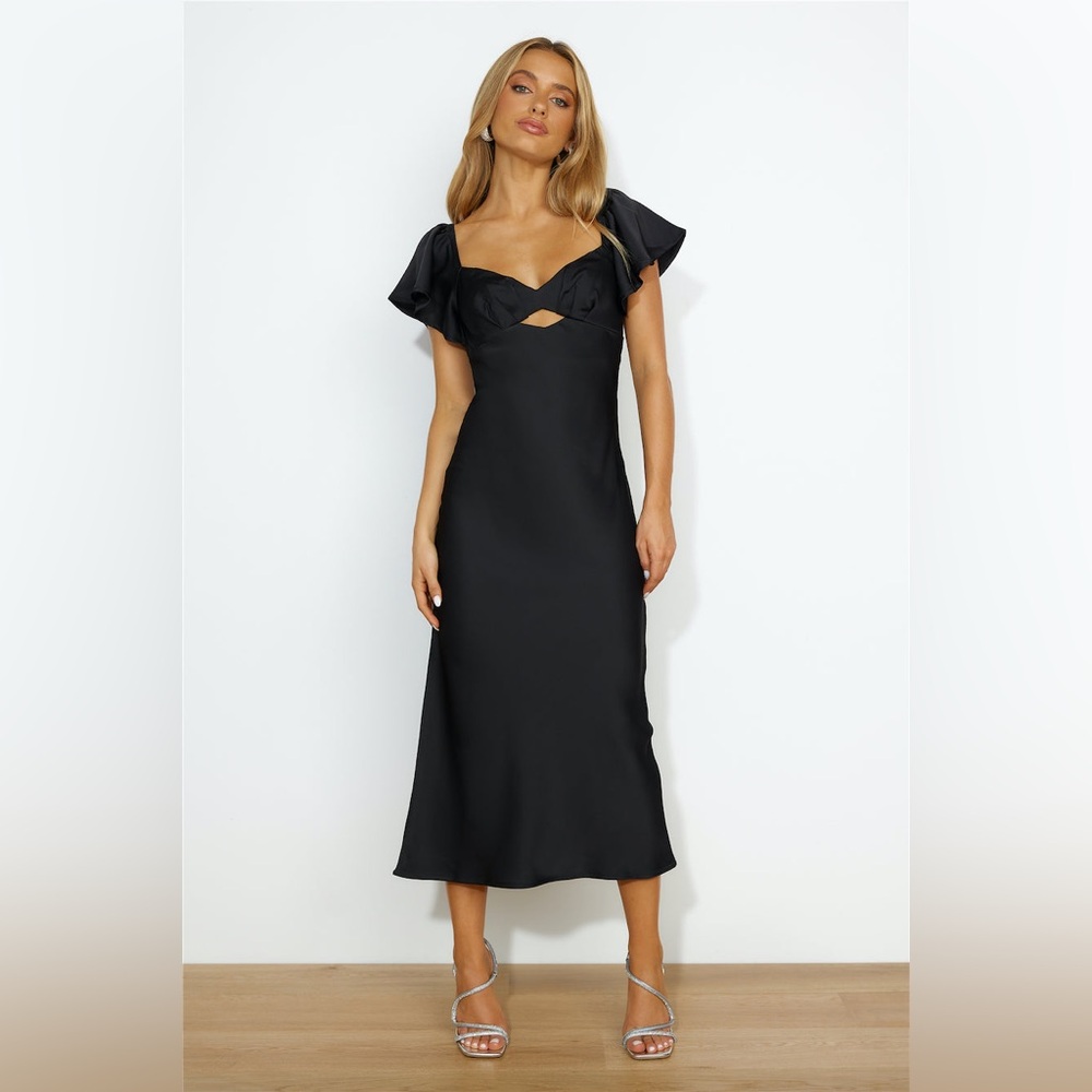 Billy‎ J Black Satin Flutter Sleeve Maxi Dress Sweetheart Cutout Back Tie